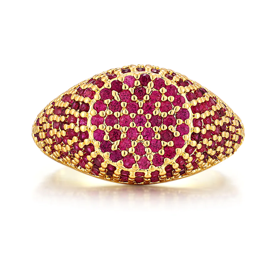 Luv AJ Pave Signet Ring-Ruby Red-Gold-Size 6