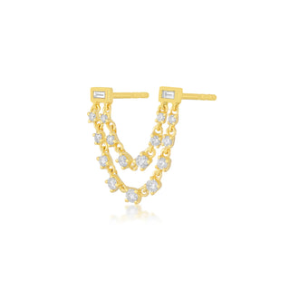 EF Collection Baguette Double Diamond Chain Stud Earring