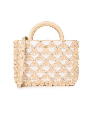 Lele Sadoughi Ivory Natural Maya Crystal Fan Raffia Mini Tote