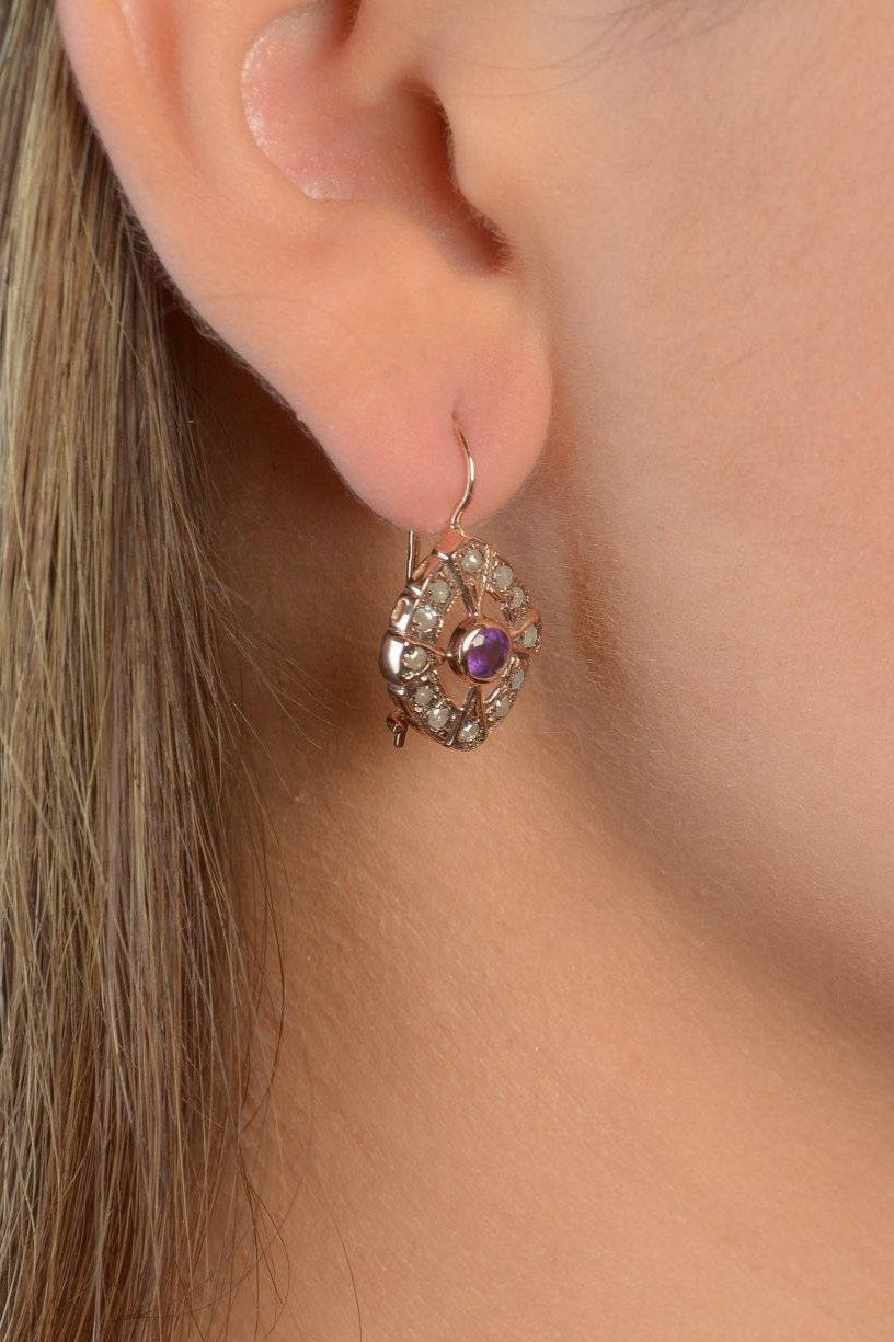 Kisufim Rose Cut Diamonds Huggie Hoop Earrings, rose gold earrings, rose gold hoop earrings, rose gold, Kisufim jewelry, hoop earrings, hoops, rose gold hoops, Amethyst earrings, purple earrings, KisufimRose Cut Diamonds Wreath with Amethyst Vintage Style Drop Earrings, Rose Cut Diamonds Wreath with Amethyst Vintage Style Drop Earrings