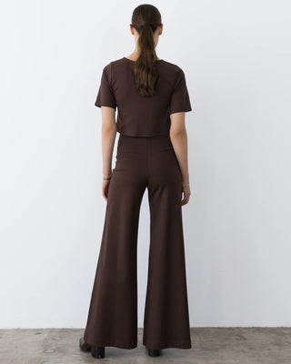 Ripley Rader Chocolate Ponte Knit Wide Leg Pant-Long. Model is wearing product and is turned around. 