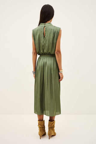 Ba&sh Dress Celea Kaki. Model's back is to the camera. Image shot on white background. 