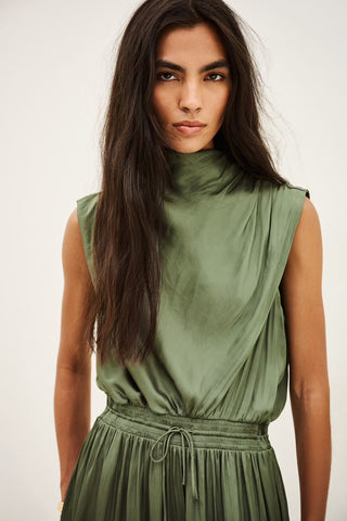 Ba&sh Dress Celea Kaki. Model is wearing the product and image is shot up closer on white background. 