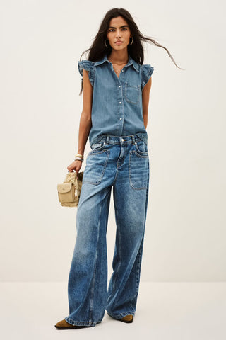 Ba&sh Shirt Yoyo Blue Jeans. Model is wearing the top and image is shot on white background. 