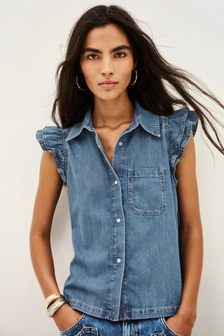 Ba&sh Shirt Yoyo Blue Jeans. Model is wearing this top. Image is shot on white background. 