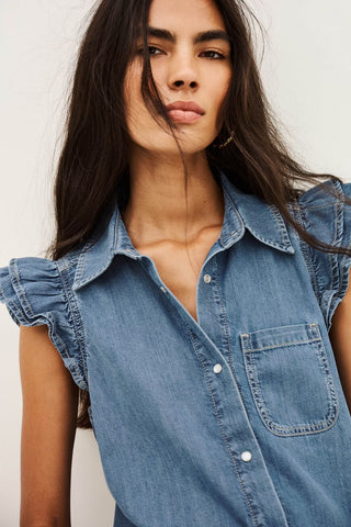 Ba&sh Shirt Yoyo Blue Jeans. Product is shot up closer on model. Image is shot on white background. 
