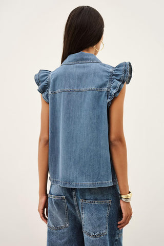 Ba&sh Shirt Yoyo Blue Jeans. Model's back is to the camera. Image is shot on white background.