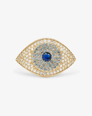 at house of 29 the model is wearing a blue evil eye ring with gold and blue diamondettes