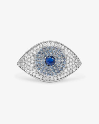 at house of 29 the model is wearing a blue evil eye ring with silver and blue diamondettes