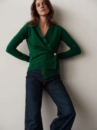 CISSA The Wrap Cardigan Grass Cashmere Blend. Model is posing on a white background. 