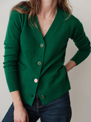 CISSA The Wrap Cardigan Grass Cashmere Blend. Product is shot up close on model. Image is shot on white background. 