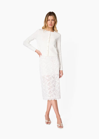 Cami NYC Aylin Lace Midi Skirt White. Model is wearing the product shot on white background. 