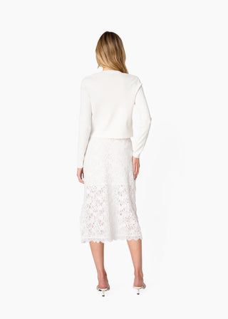Cami NYC Aylin Lace Midi Skirt White. Model is wearing product shot on white background. 