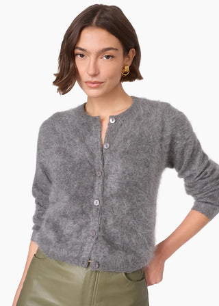 Cami NYC Benning Cashmere Cardigan Coal. Model is wearing product. 
