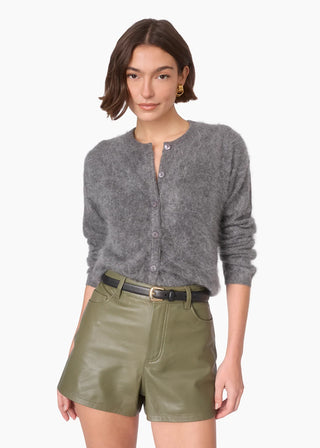 Cami NYC Benning Cashmere Cardigan Coal. Model is wearing product. 