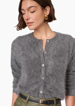 Cami NYC Benning Cashmere Cardigan Coal. Model is wearing product. 