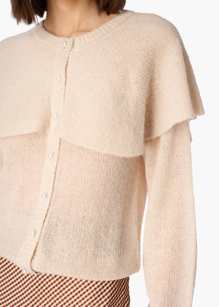 Cami NYC Brigitta Cardigan Oat. Cardigan is shot up close on model.