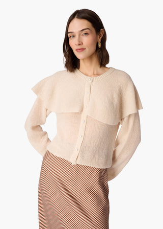 Cami NYC Brigitta Cardigan Oat. Model is posing in product in front of a white background. 