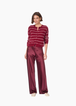 Cami NYC Bristol Mid Rise Pant Deep Plum. Model is wearing product. 
