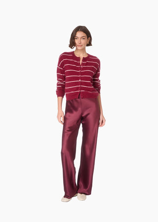 Cami NYC Bristol Mid Rise Pant Deep Plum. Model is wearing product. 