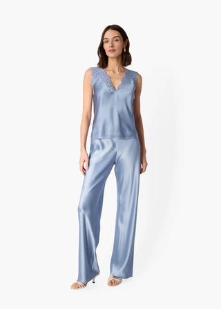 Cami NYC Bristol Mid Rise Pant Mist. Model is wearing the product and this image is being shot on a white background.