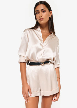Cami NYC Crosby Burnout Chiffon Blouse Oat. Model is wearing the shorts and image is shot on white background. 
