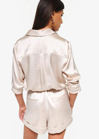 Cami NYC Crosby Burnout Chiffon Blouse Oat. Model is turned around and wearing the shorts. Image is shot on white background. 