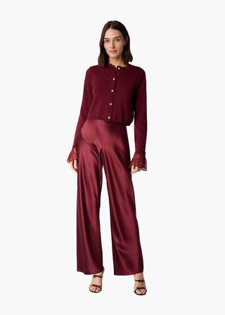 Cami NYC Eliana Cardigan Deep Plum. Model is wearing product. 