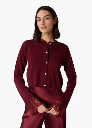 Cami NYC Eliana Cardigan Deep Plum. Model is wearing product.