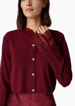Cami NYC Eliana Cardigan Deep Plum. Model is wearing product. 