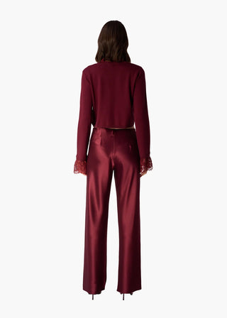 Cami NYC Eliana Cardigan Deep Plum. Model is wearing product, 