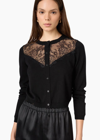 Cami NYC Harleth Cardigan Black. Model is wearing the product and it is shot up close. 
