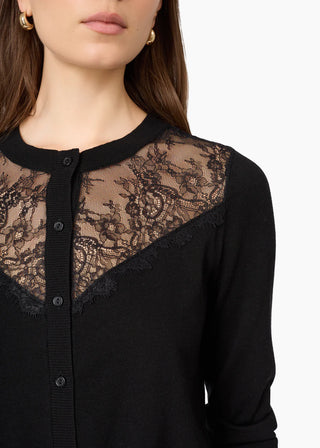 Cami NYC Harleth Cardigan Black. Model is wearing the product and is shot up close. 