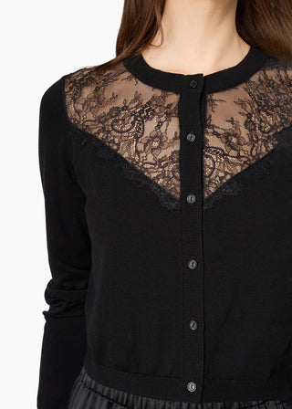 Cami NYC Harleth Cardigan Black. Model is wearing the cardigan and image is shot up close. 