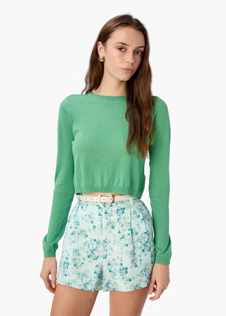 Cami NYC Jaye Cropped Knit Top. Model is wearing the product shot on a white background. 