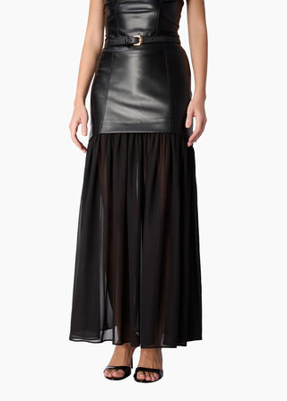 Cami NYC Johnston Vegan Leather Maxi Skirt Black. Model is wearing skirt. 