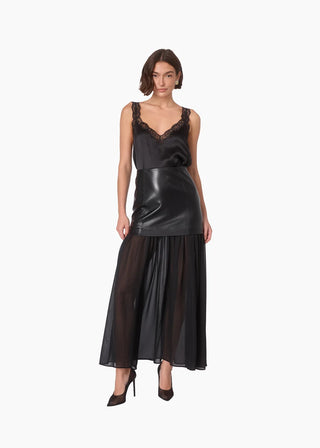 Cami NYC Johnston Vegan Leather Maxi Skirt Black. Model is wearing product. 