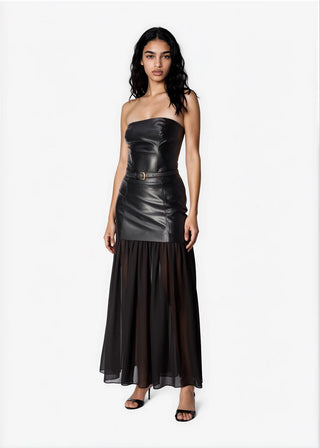 Cami NYC Johnston Vegan Leather Maxi Skirt Black. Model is wearing product. 
