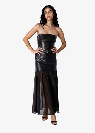 Cami NYC Johnston Vegan Leather Maxi Skirt Black. Model is wearing product. 