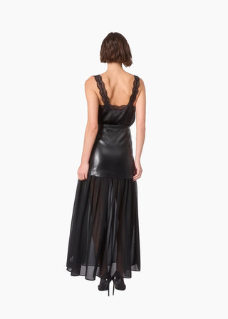 Cami NYC Johnston Vegan Leather Maxi Skirt Black. Model is wearing skirt. 