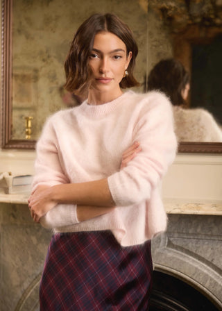 Cami NYC Niall Cashmere Sweater Light Pink. Model is wearing product. 