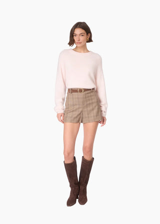 Cami NYC Niall Cashmere Sweater Light Pink. Model is wearing product. 