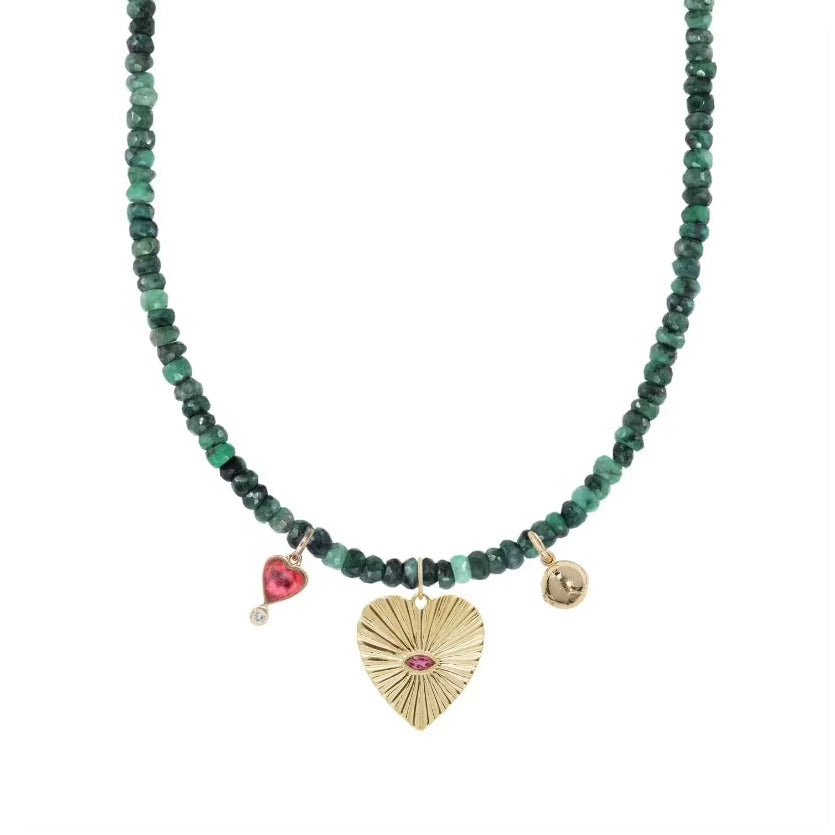 zahava heirlooms one of a kind necklace, raw emeralds, pink tourmaline