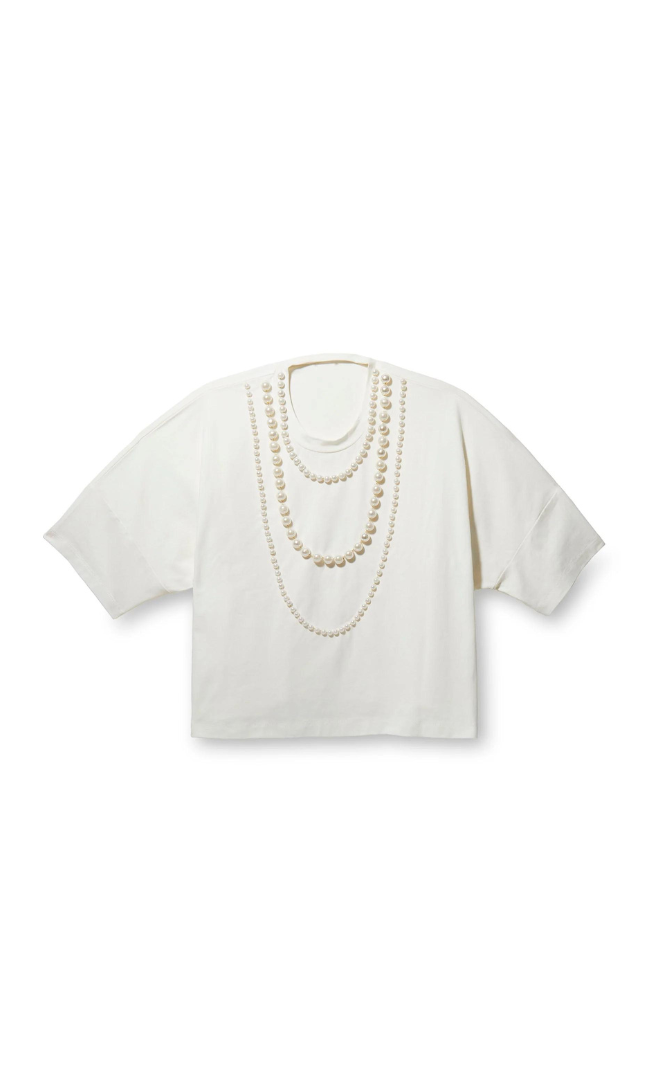 Lele sadoughi headband, Lele sadoughi jewelry, Lele Sadoughi accessories, Lele Sadoughi Ivory Short- Sleeve Pearl Strand Tee, Lele Sadoughi shirts, Lele Sadoughi clothes, Lele Sadoughi pearl shirt, pearl shirt, ivory shirts, white shirts