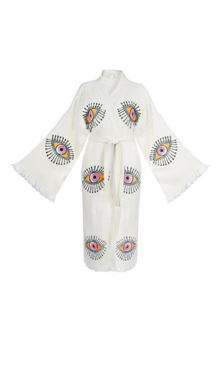 Peshtemal Natural with Bright Orange Evil Eye Kimono/Robe