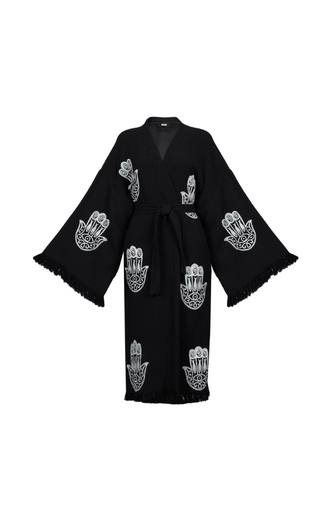 peshtemal robe kimono black with white hamsa