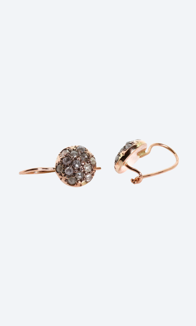 Kisufim Rose Cut Diamonds Huggie Hoop Earrings, rose gold earrings, rose gold hoop earrings, rose gold, Kisufim jewelry, hoop earrings, hoops, rose gold hoops, Kisufim Round Pave Diamond Earrings, Diamond earrings, rose gold diamond earrings, vintage jewelry, vintage earrings