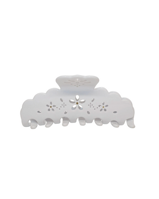 Emi Jay Big Effing Claw Clip in Blanc Fleur Eyelet. Product is shot on white background. 