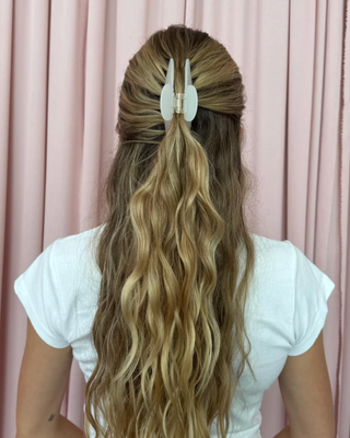 Emi Jay Big Effing Claw Clip in Morning Angel. Model wearing hair clip. 