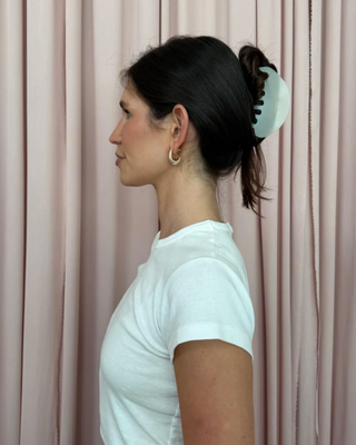 Emi Jay Half Moon Clip in Grey Smoke. Model wearing hair clip. 